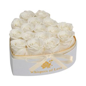 white preserved roses in a box