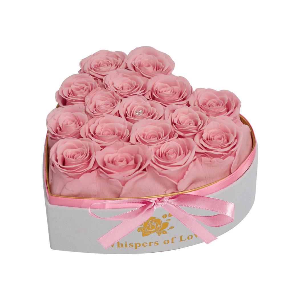 pink preserved roses in a box